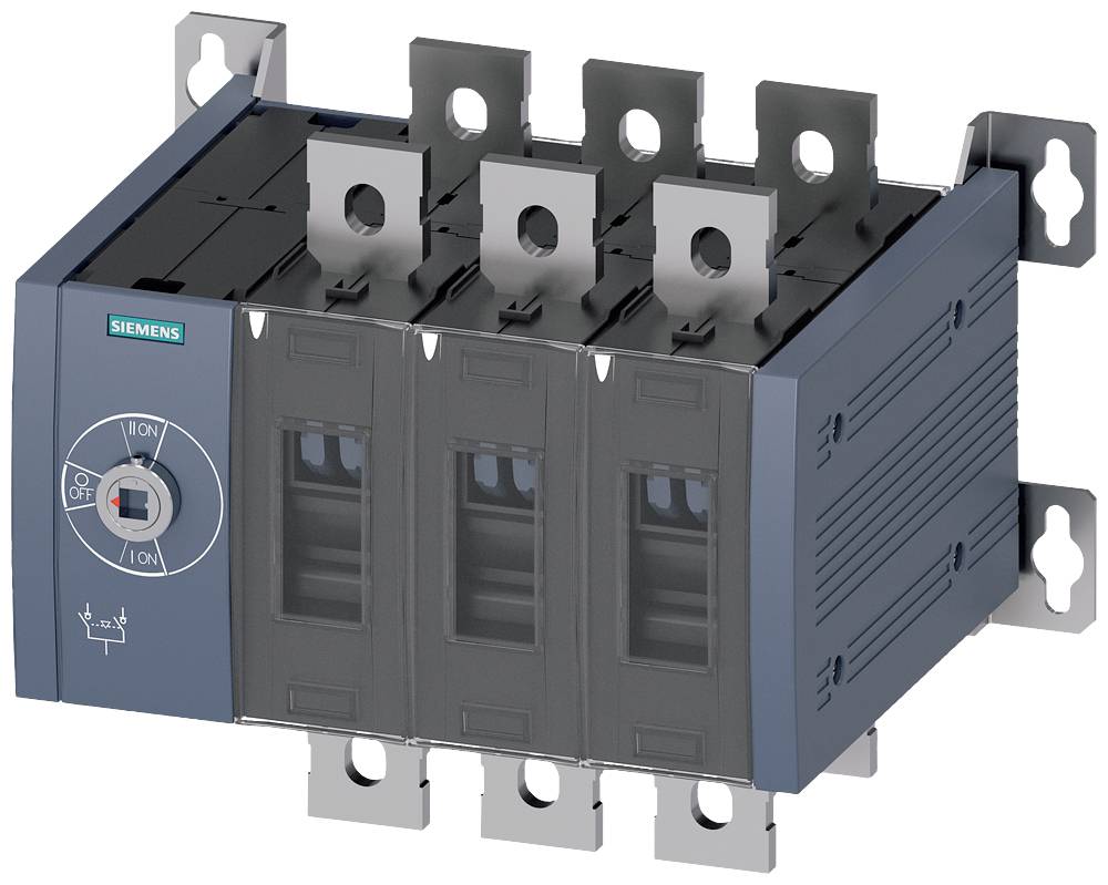 Ein elektrischer Hauptschalter mit drei Schaltpositionen: 'Aus', 'Ein' und eine mittlere Position. Metallische Anschlüsse sichtbar.
