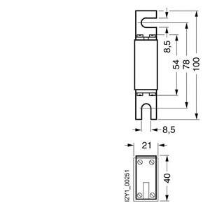 Technische Zeichnung eines Bauteils mit Maßen: Höhe 100 mm, Breite 21 mm, Tiefe 8,5 mm. Zeigt Ansichten von Vorder- und Seite.