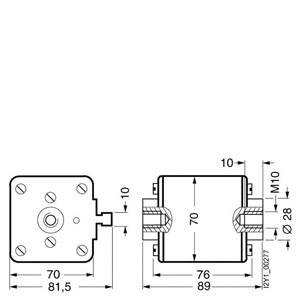 Technische Zeichnung eines quadratischen Bauteils mit Maßen. Frontansicht zeigt Schraubenlöcher, Seitenansicht zeigt Innenmechanismus. Maße in mm: 70x81,5 und 76x89.