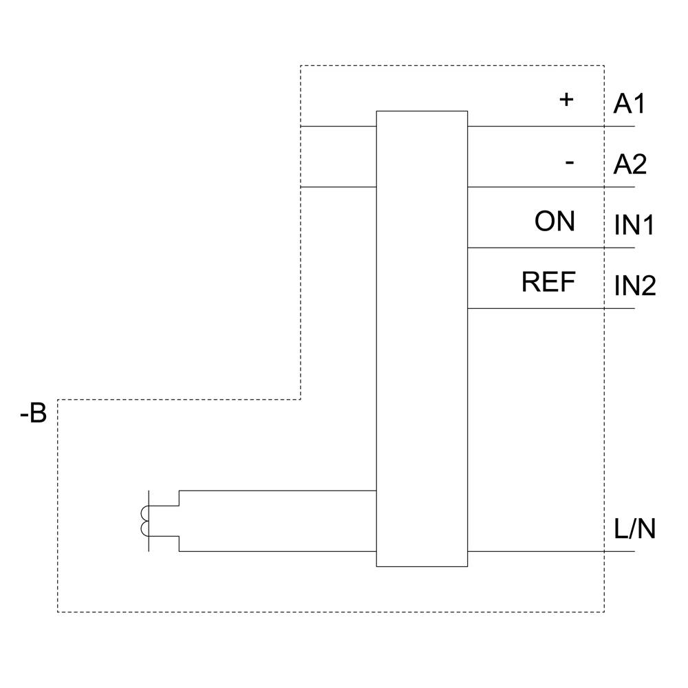 Schaltplan eines elektrischen Schalters mit Anschlüssen: +, -, ON, REF, A1, A2, IN1, IN2, L/N.