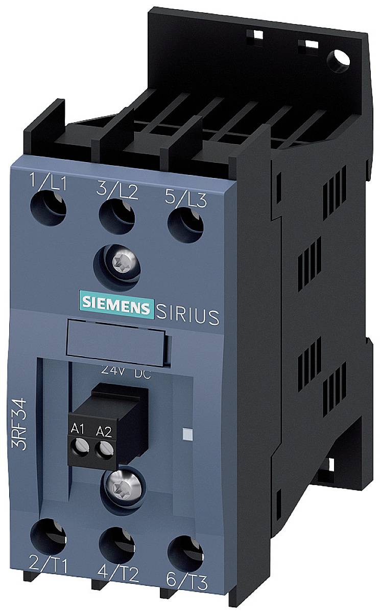Schütz von Siemens, Modell SIRIUS. Blau-schwarzes Gehäuse mit Anschlüssen und einem grünen Logo. Verwenden für elektrische Schaltungen.