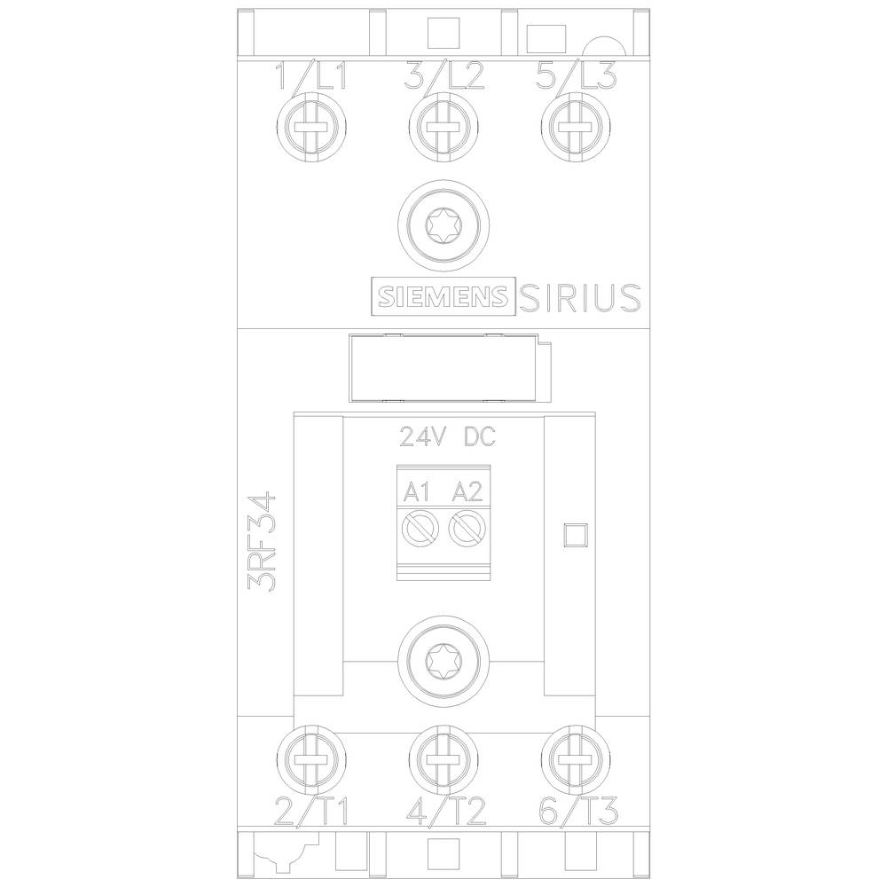 Ein Schaltplan eines Siemens Sirius Schützes mit Anschlussklemmen für L1, L2, L3 und 24V DC Steueranschluss A1 und A2.