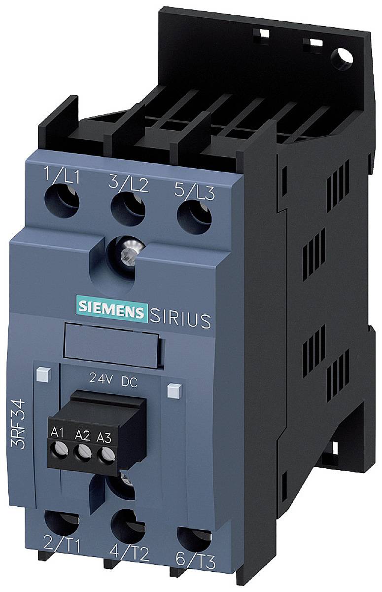 Ein blauer Siemens-Schütz mit der Aufschrift 'SIRIUS' und Modellnummer '3RF34', zeigt Anschlüsse und Spannung 24V DC.