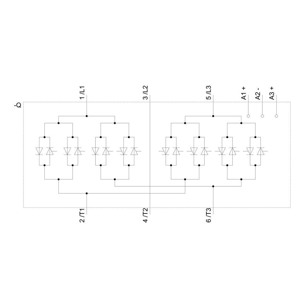 Schaltplan eines elektronischen Bauteils mit sechs Dioden in zwei parallelen Reihen. Verbindungen von 1/L1 bis 6/Γ3 mit A1+ bis A3+.