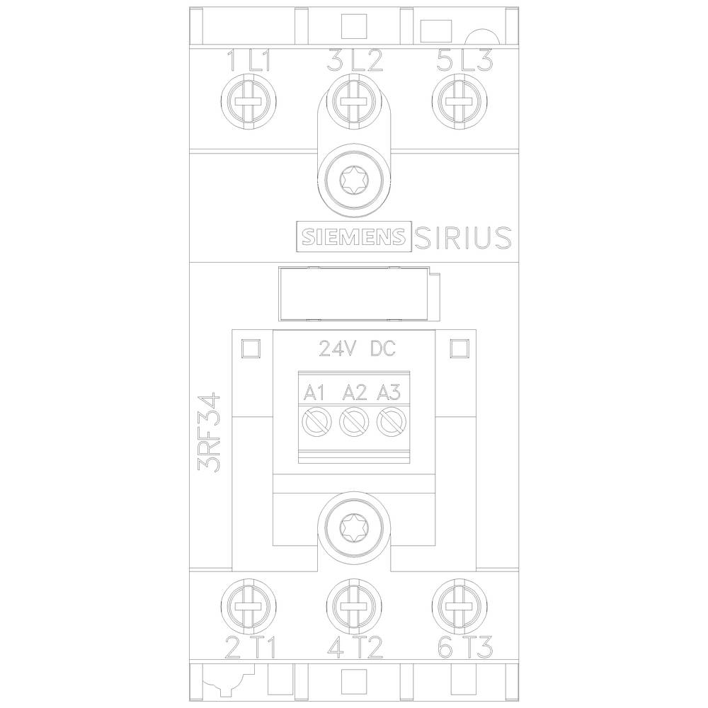 Technische Zeichnung eines Siemens SIRIUS Schützes. Zeigt Anschlüsse und Beschriftungen für 24V DC, mit Anschlüssen A1, A2, A3.