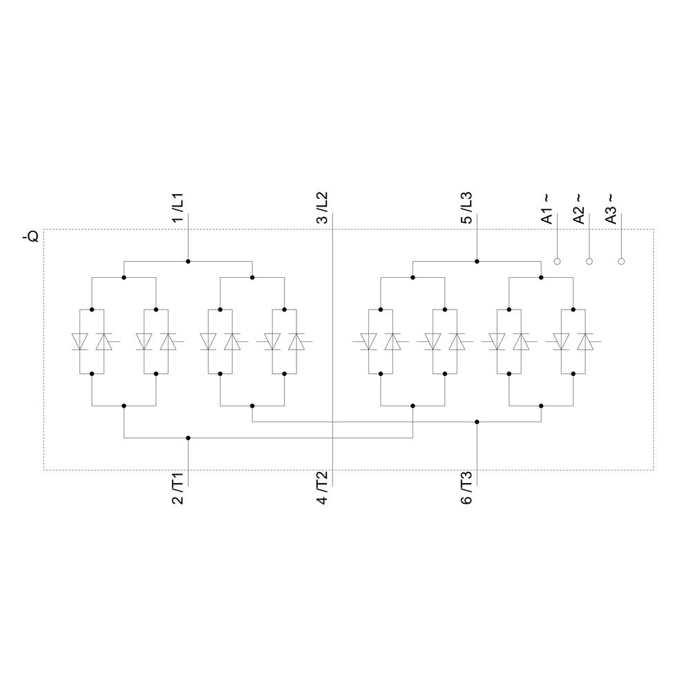 Schaltplan eines Drei-Phasen-Brückengleichrichters mit sechs Dioden, beschriftet mit Eingängen (L1, L2, L3) und Ausgängen (A1, A2, A3).