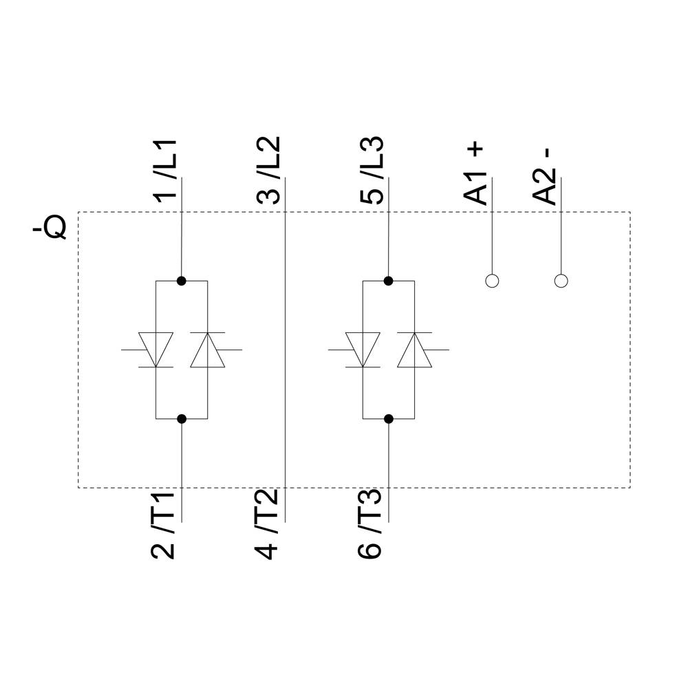 Schaltplan mit sechs Anschlüssen: 1/L1, 2/T1, 3/L2, 4/T2, 5/L3, 6/T3. Zwei Diodensymbole zwischen den Anschlüssen. Anschlüsse A1 und A2.