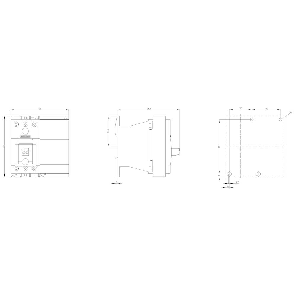 Technische Zeichnung eines elektrischen Schaltgeräts mit Ansichten von vorne, seitlich und oben, inklusive detaillierter Maße.