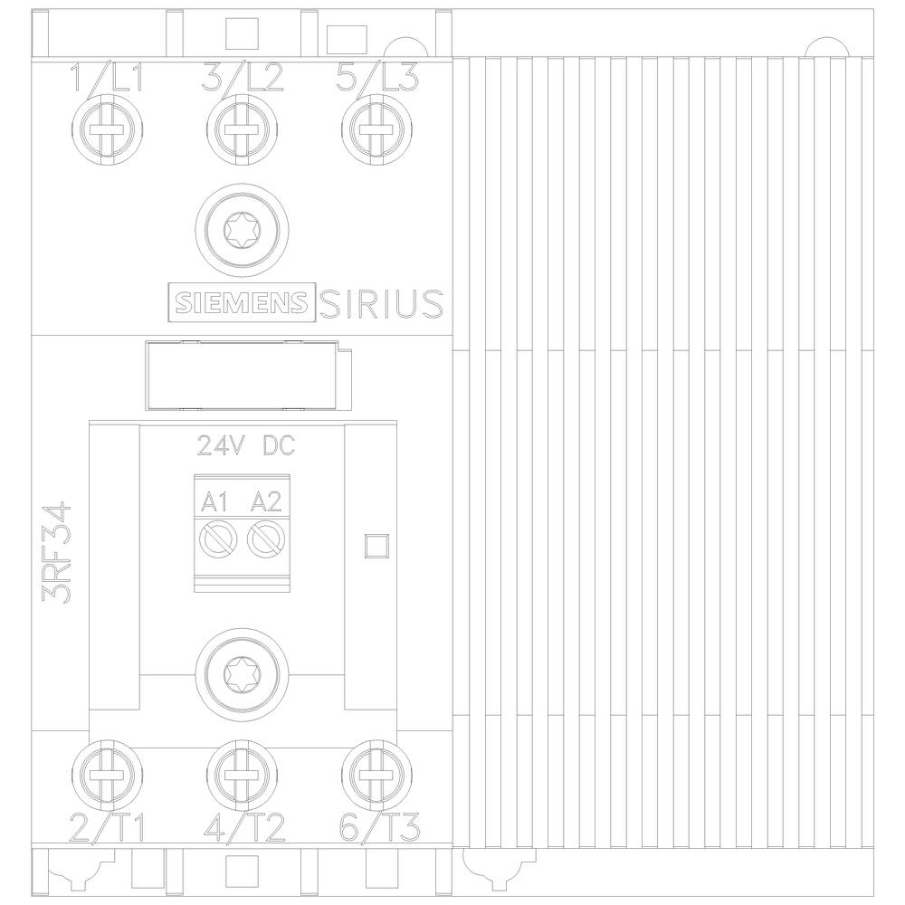 'Siemens Sirius' Schütz mit Klemmenbeschriftungen: L1, L2, L3, und Steuerkreise A1, A2, geeignet für 24V DC Anwendungen.