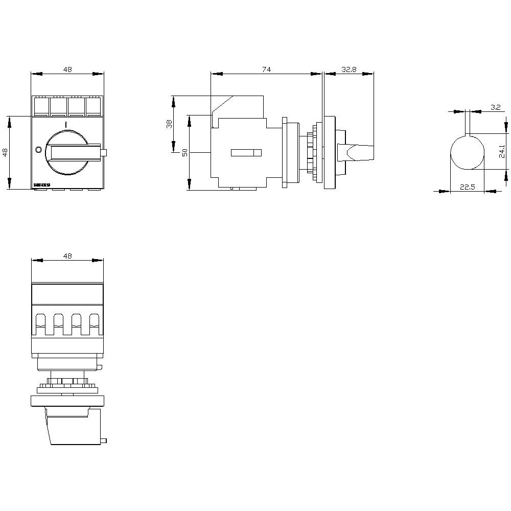 Schaltplan eines elektrischen Schalters mit Abmessungen: 48x48mm Breite, 74mm Länge, 32mm Tiefe. Zeigt Seiten- und Vorderansicht.