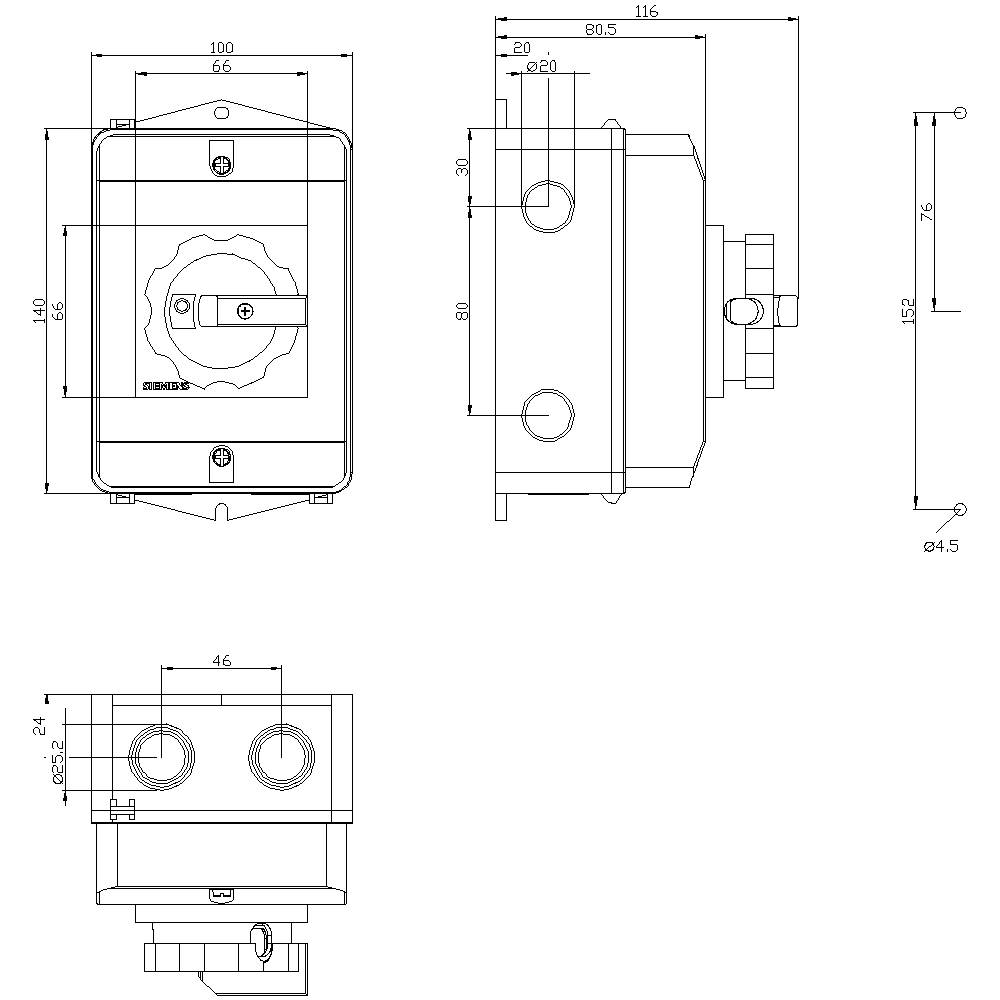 Technische Zeichnung eines Schalters mit Abmessungen. Zeigt Vorder- und Seitenansicht, inklusive Breite 100 mm, Höhe 152 mm.