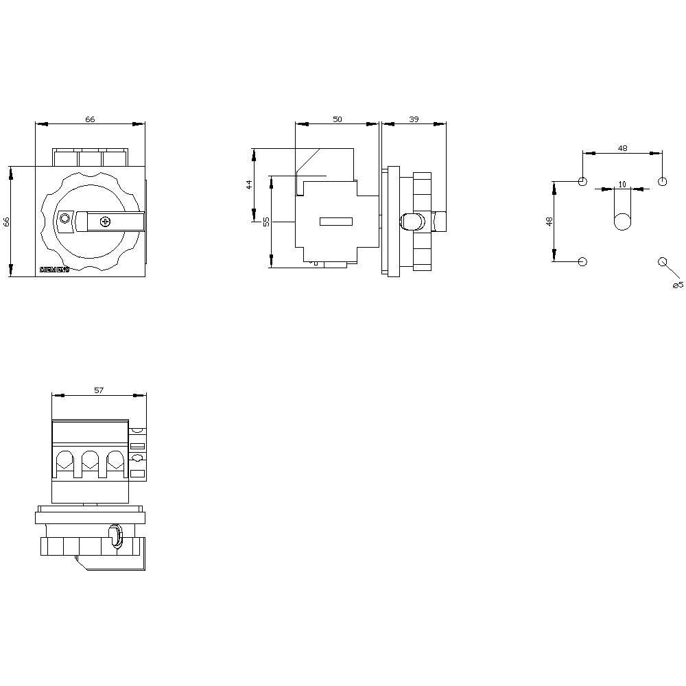 Ein technisches Diagramm eines Schalters mit Maßen in Millimetern, zeigt Front-, Seiten- und Oberansicht zur genauen Installation.