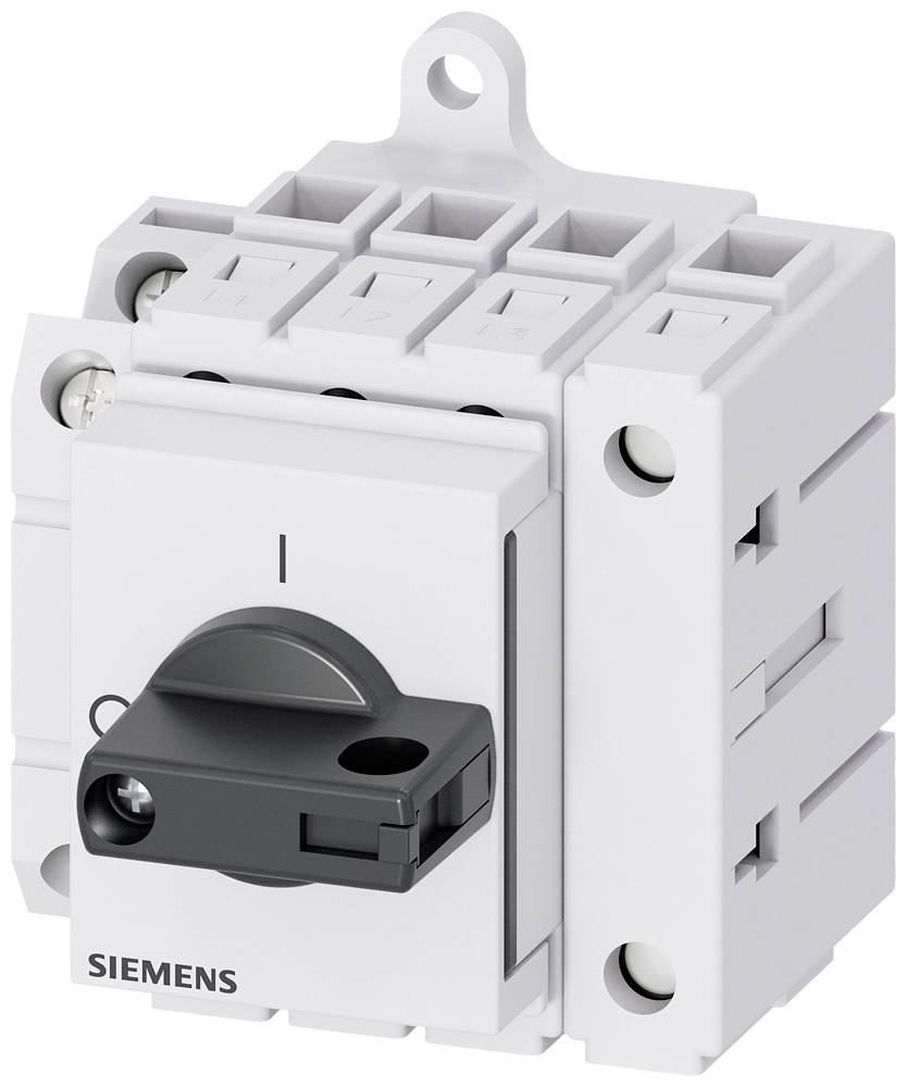 Ein grauer Siemens-Schalter in Nahaufnahme mit einem schwarzen Hebel, der nach oben zum Ein- und nach unten zum Aus-Schalten zeigt.