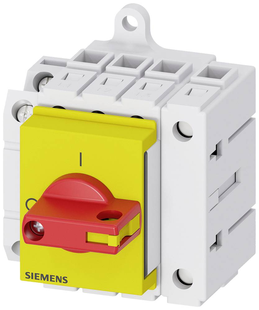 Ein rot-gelber Lasttrennschalter von Siemens, montiert auf einem weißen Gehäuse, wird für elektrische Verbindungen genutzt.