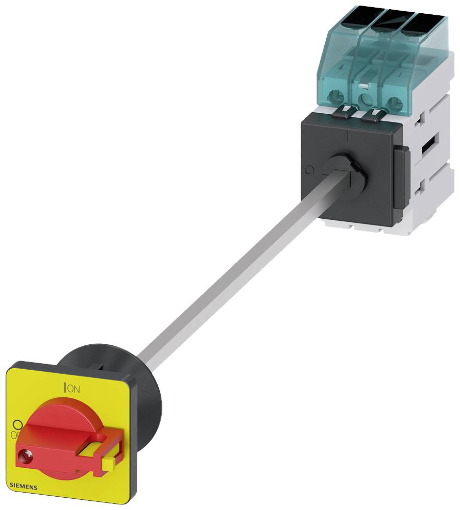 Ein Hauptschalter mit gelbem und rotem Schaltknauf an einem langen Stab, verbunden mit elektromechanischen Komponenten hinten.