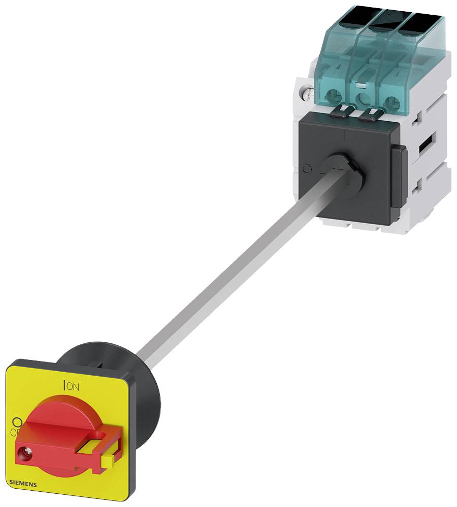 Ein elektrischer Schalthebel mit gelbem und rotem Schalter zeigt Positionen 'I' und 'O' an, verbunden mit einem blauen Sicherungsmodul.