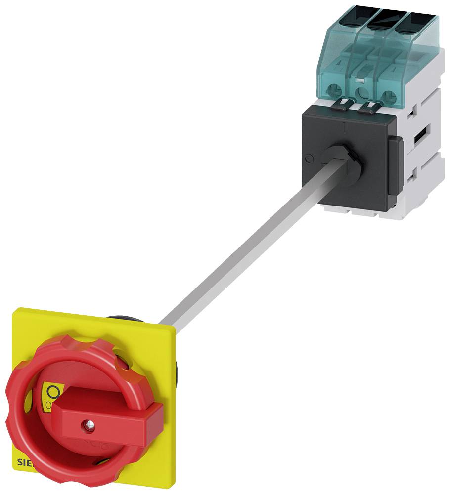 Ein roter Sicherheitsschalter mit gelber Basis, verbunden mit einem blauen und grauen elektrischen Mechanismus; zeigt Betriebszustand an.