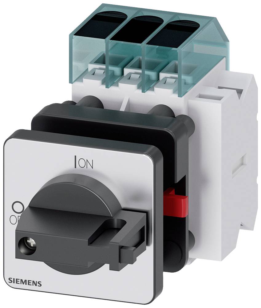 Ein grauer Drehschalter mit der Beschriftung 'ON' und 'OFF', schwarzem Griff und Siemens-Logo, montiert auf einem weißen Sockel.