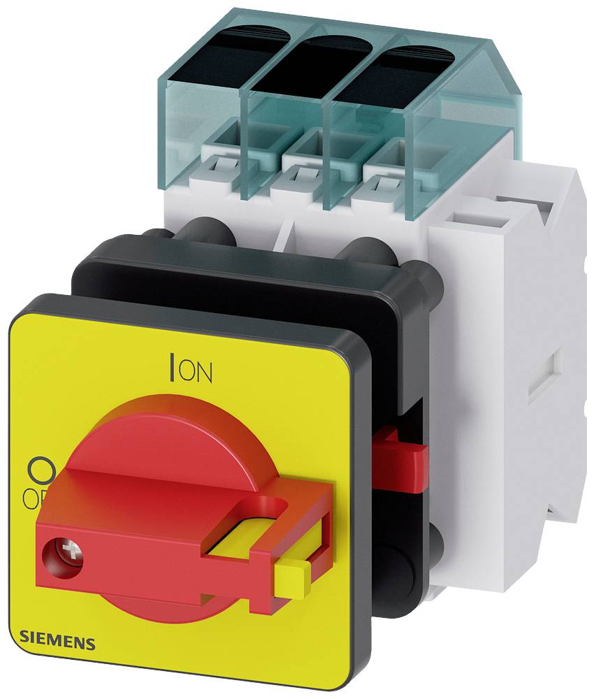Ein gelber und roter Schalthebel von einem elektrischen Schalter, der von der Marke Siemens hergestellt wird.