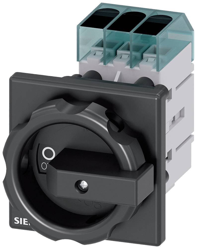 Ein schwarzer Drehschalter mit Positionsanzeige '0' und 'I', montiert auf einem grauen Basismodul mit drei blauen Anschlüssen.