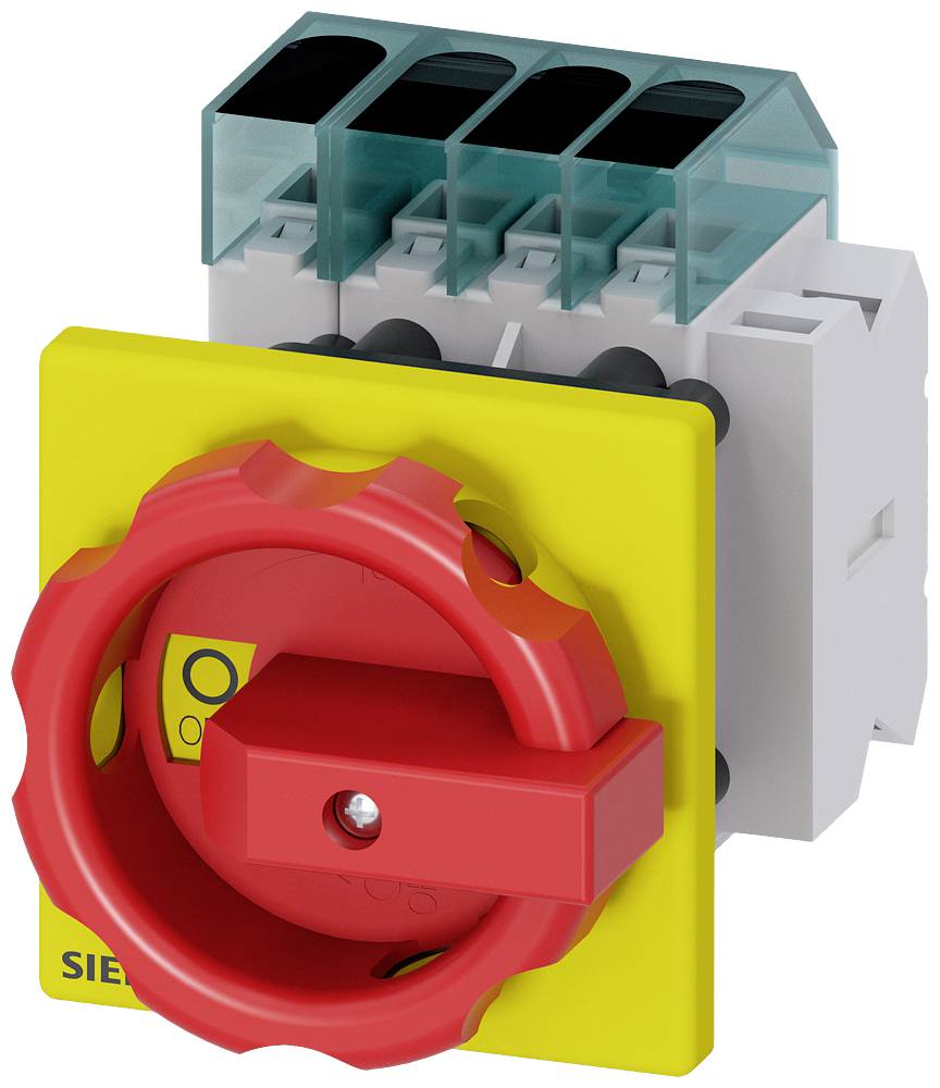 Ein roter Schalter mit gelber Basis, verwendet zur Trennung elektrischer Systeme, zeigt die Position 'Ein' an.