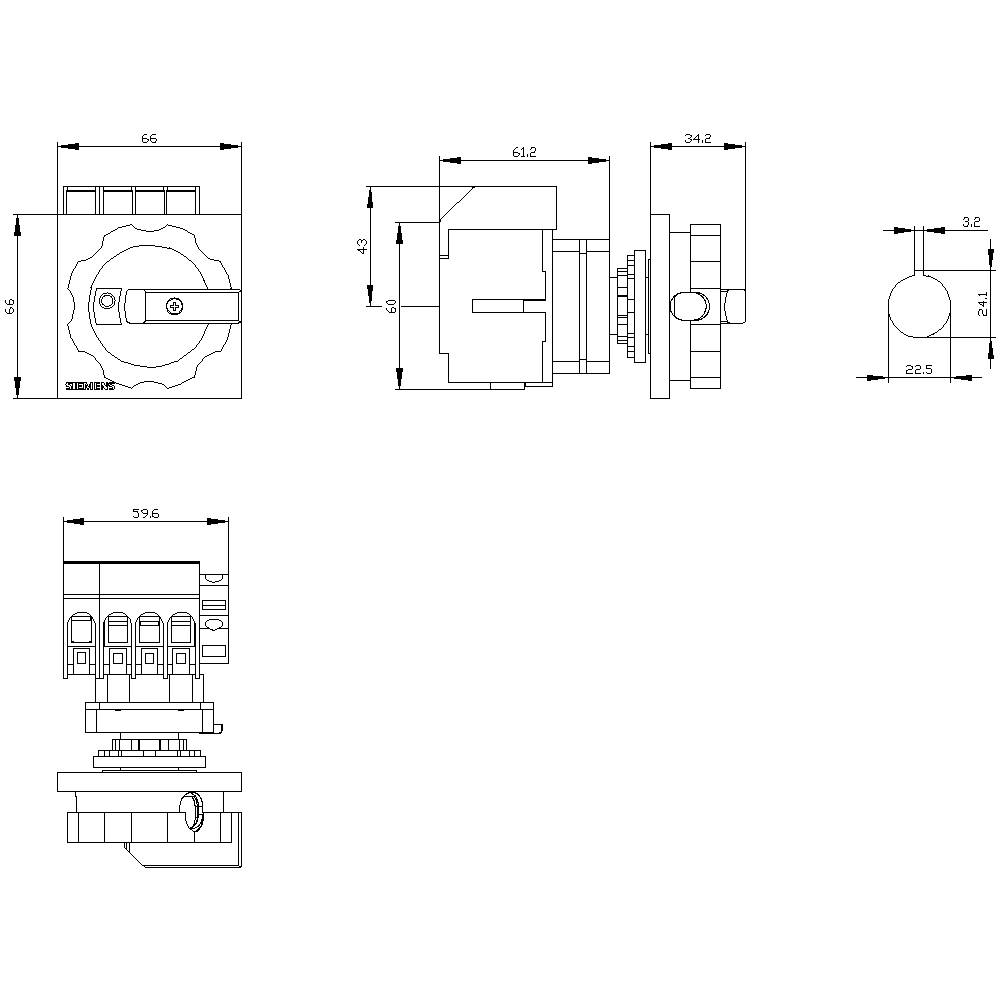 Technische Zeichnung eines Schalters mit Abmessungen von 66 mm x 61,2 mm x 34,2 mm. Zeigt Seitenansicht und Detailansicht.
