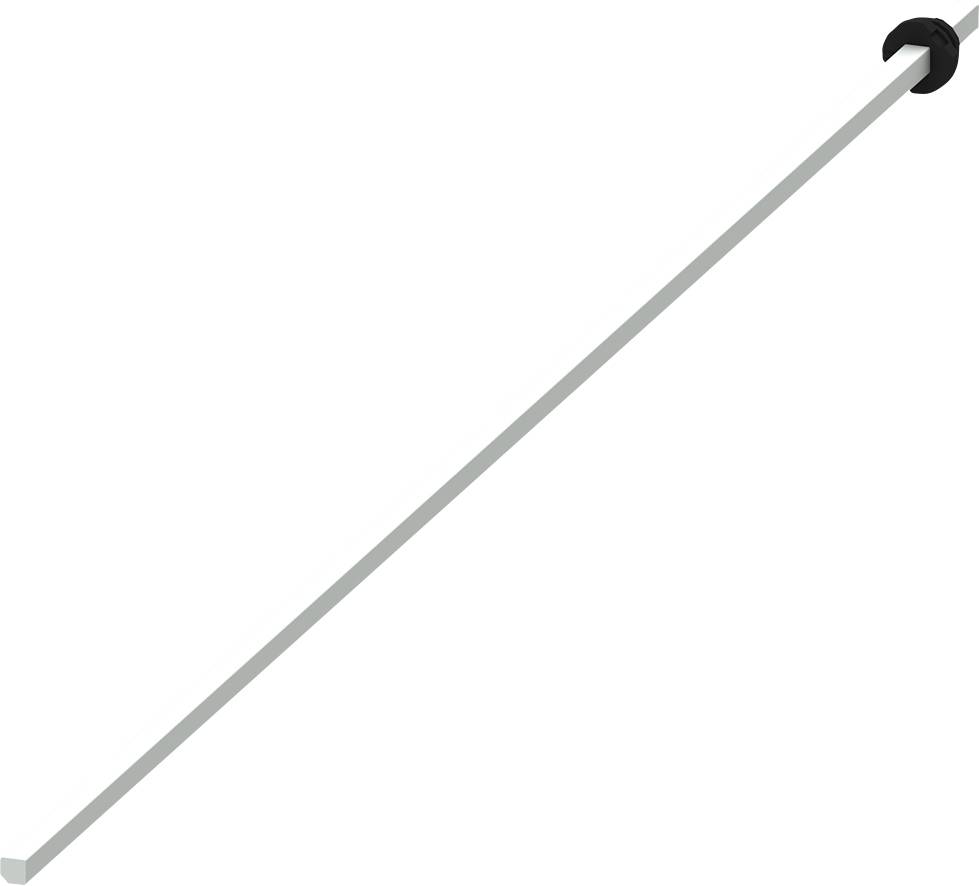 Ein grauer Stab mit einem schwarz umrandeten Haken an einem Ende, diagonal von oben rechts nach unten links verlaufend.