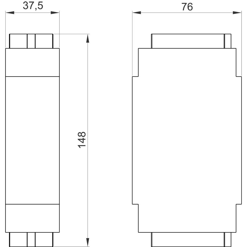 Technische Zeichnung eines rechteckigen Objekts mit den Maßen 37,5 x 76 x 148 mm. Seiten- und Frontalansicht dargestellt.