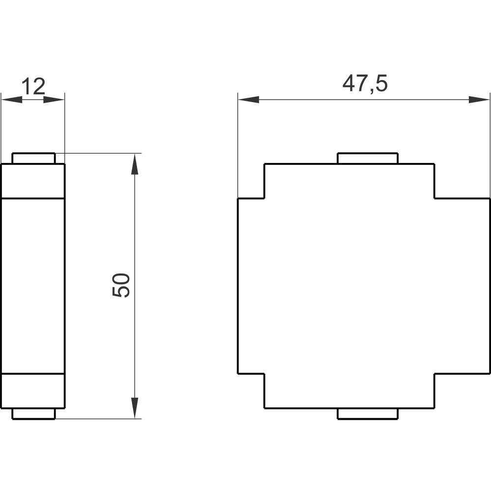 Technische Zeichnung eines rechteckigen Objekts mit den Maßen 50 x 47,5 mm und einer Dicke von 12 mm, dargestellt in Vorder- und Seitenansicht.