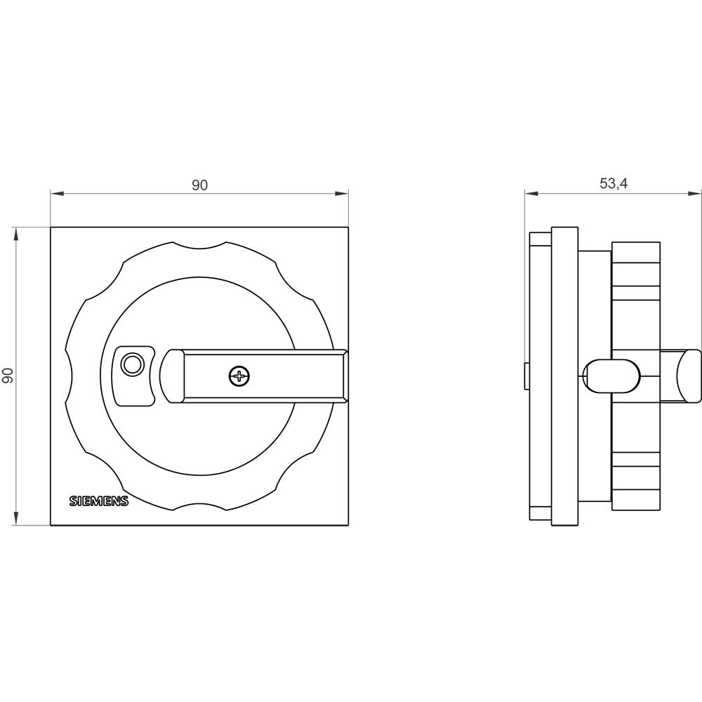 Technische Zeichnung eines Siemens-Griffes mit Maßen, Seiten- und Vorderansicht. Maße: 90x90 mm frontal, 53,4 mm seitlich.