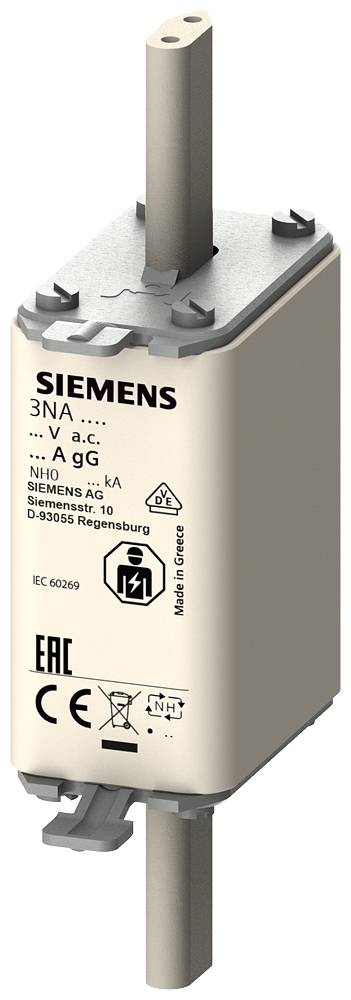 Eine 'SIEMENS' Sicherung mit technischen Spezifikationen auf der Oberfläche, einschließlich Nennstrom und Spannung, abgebildet in 3D.
