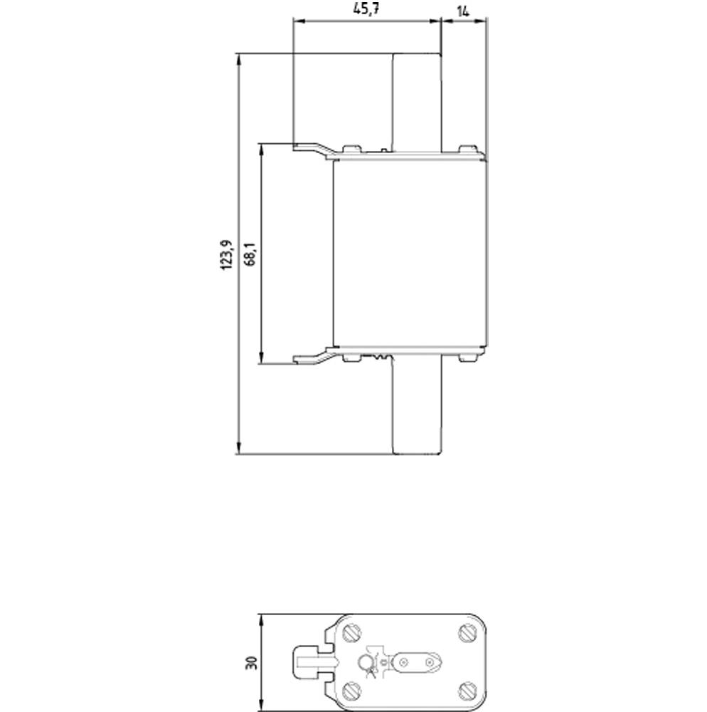 Technische Zeichnung eines mechanischen Teils mit Maßangaben: 123,9 x 68,1 x 45,7 x 14 mm. Zeigt Vorder- und Seitenansicht.