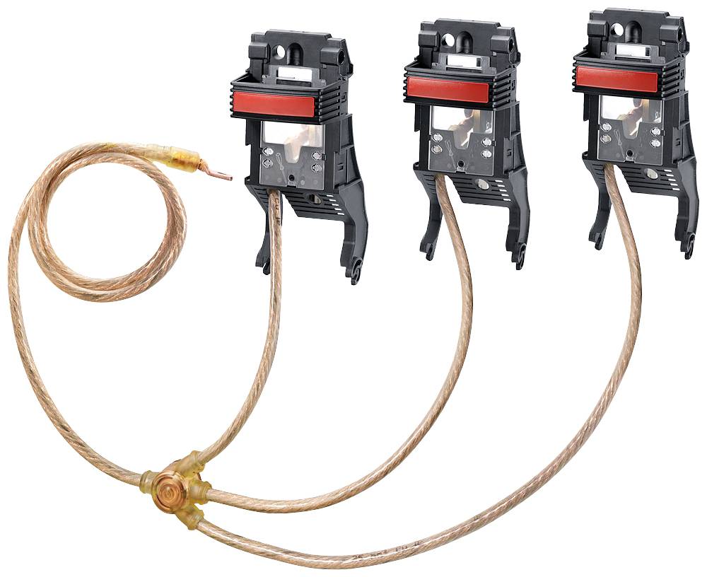Drei schwarze Stopfen mit roten Markierungen sind durch ein braunes Kabel verbunden. Das Kabel hat eine transparente Schutzabdeckung.