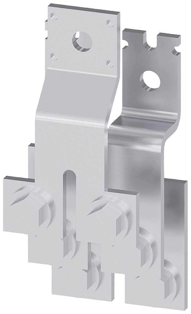 Metallisches Bauteil mit Haken und Löchern, vermutlich ein Halter oder Befestigungselement, in silberner Farbe.