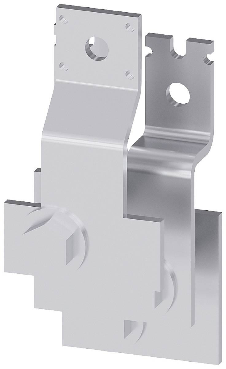 Metallhalterung in grauer Farbe, zeigt eine komplexe Struktur mit mehreren Ebenen und Aussparungen, vermutlich für technische Anwendungen.