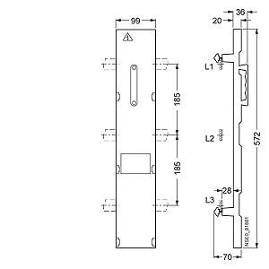 Technische Zeichnung eines Metallteils mit Maßen in Millimetern. Front- und Seitenansicht mit Längsmaßen 572 mm, Breite 99 mm.
