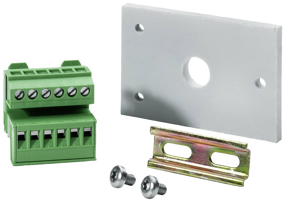 Grünes Klemmblock-Modul, graue rechteckige Platte mit Loch, Metallstreifen mit zwei Schrauben; Komponenten eines elektrischen Sets.