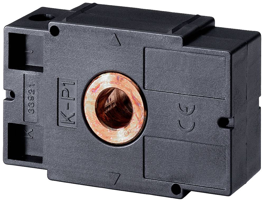 Ein schwarzer, rechteckiger elektrischer Stromsensor mit einem Kupferloch in der Mitte, gekennzeichnet mit 'K-P1'.