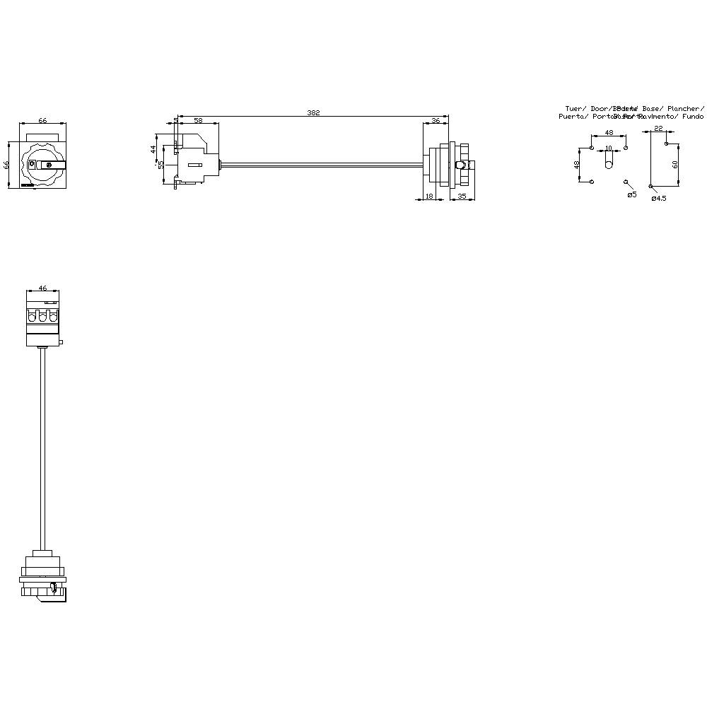 Technische Zeichnung eines elektrischen Bauteils mit Abmessungen. Zeigt Front- und Seitenansicht, samt Verbindungsdetails. Links oben ein Schaltplan.