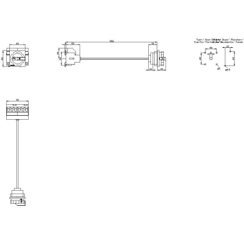Technische Zeichnung eines mechanischen Bauteils mit Maßen und Beschriftungen zu verschiedenen Ansichten und Verbindungen.