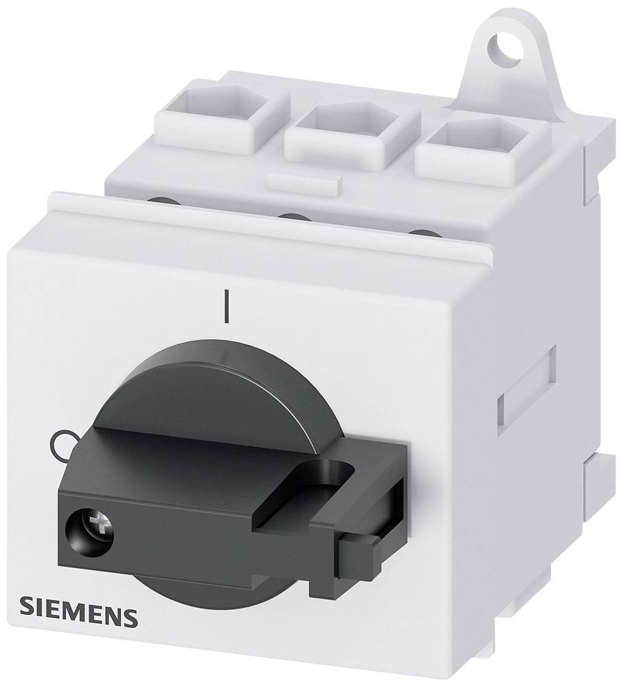 Ein weißer elektrischer Drehschalter mit einem schwarzen Hebel und drei Anschlüssen oben, beschriftet mit 'SIEMENS'.