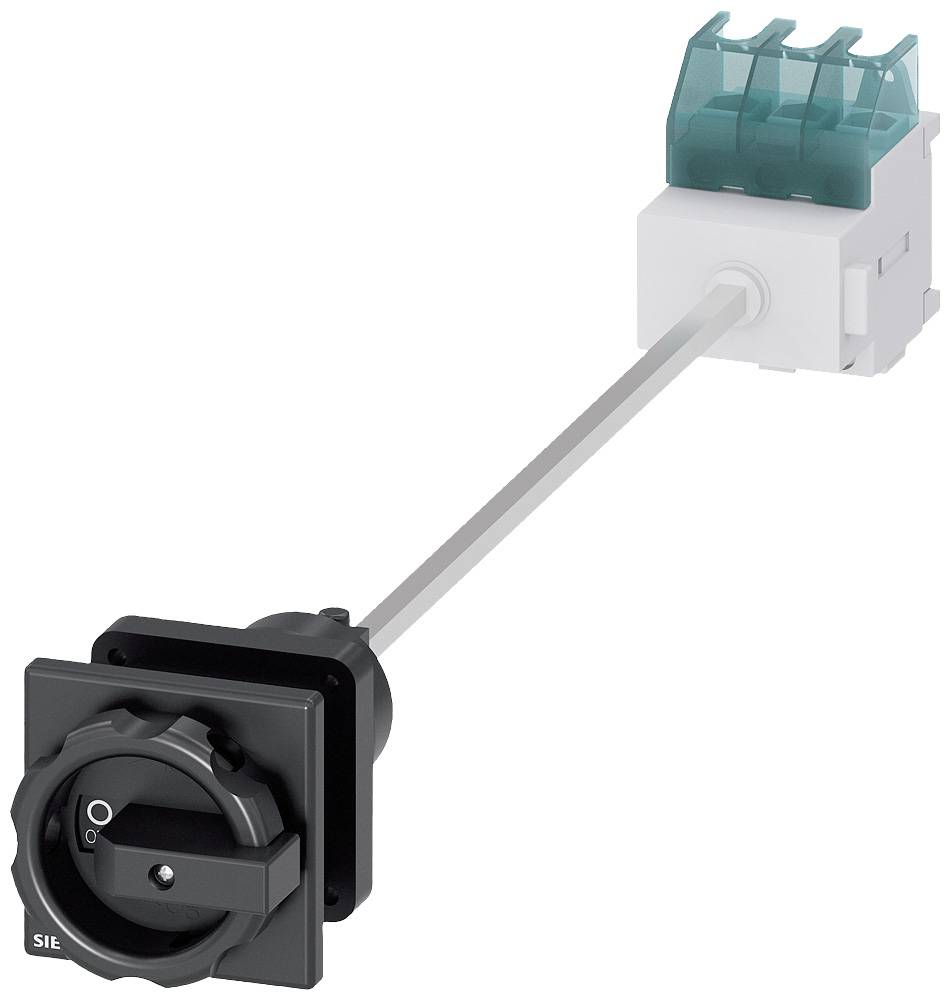 Drehschalter mit schwarzem Griff und grünem, transparentem Anschlussblock. Schaltpositionen '0' und '1' auf der Front sichtbar.