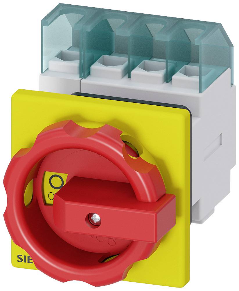 Ein elektrischer Not-Aus-Schalter in Gelb und Rot mit einem transparenten Schutzgehäuse.