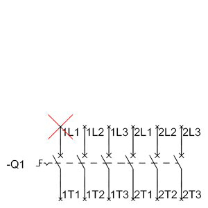 Schaltsymbol eines Leistungsschalters mit markiertem Fehler bei L1. Zeigt Verbindungen zu drei Phasen (L1, L2, L3) und deren Schalter.
