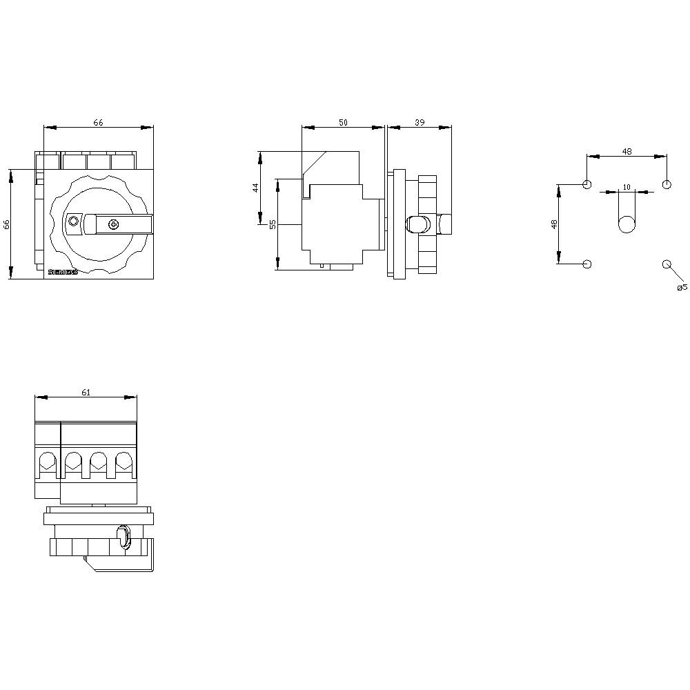 Technische Zeichnung eines Bauteils mit Maßen in Millimetern. Zeigt Vorderansicht, Seitenansicht und verschiedene Details.