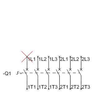 Schaltplan zeigt einen Hauptschalter 'Q1' mit drei Phasen: L1, L2, und L3. Jede Phase ist mit zwei Kontakten 'T1, T2, T3' verbunden.