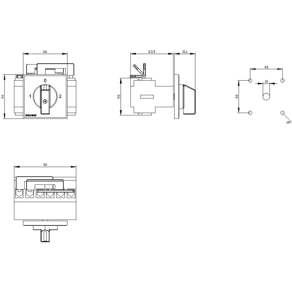 Elektroschalter-Diagramm mit Maßen; Frontansicht zeigt Drehknopf mit Positionen 0-1, Seitenansicht zeigt Tiefe und Montagepunkte.