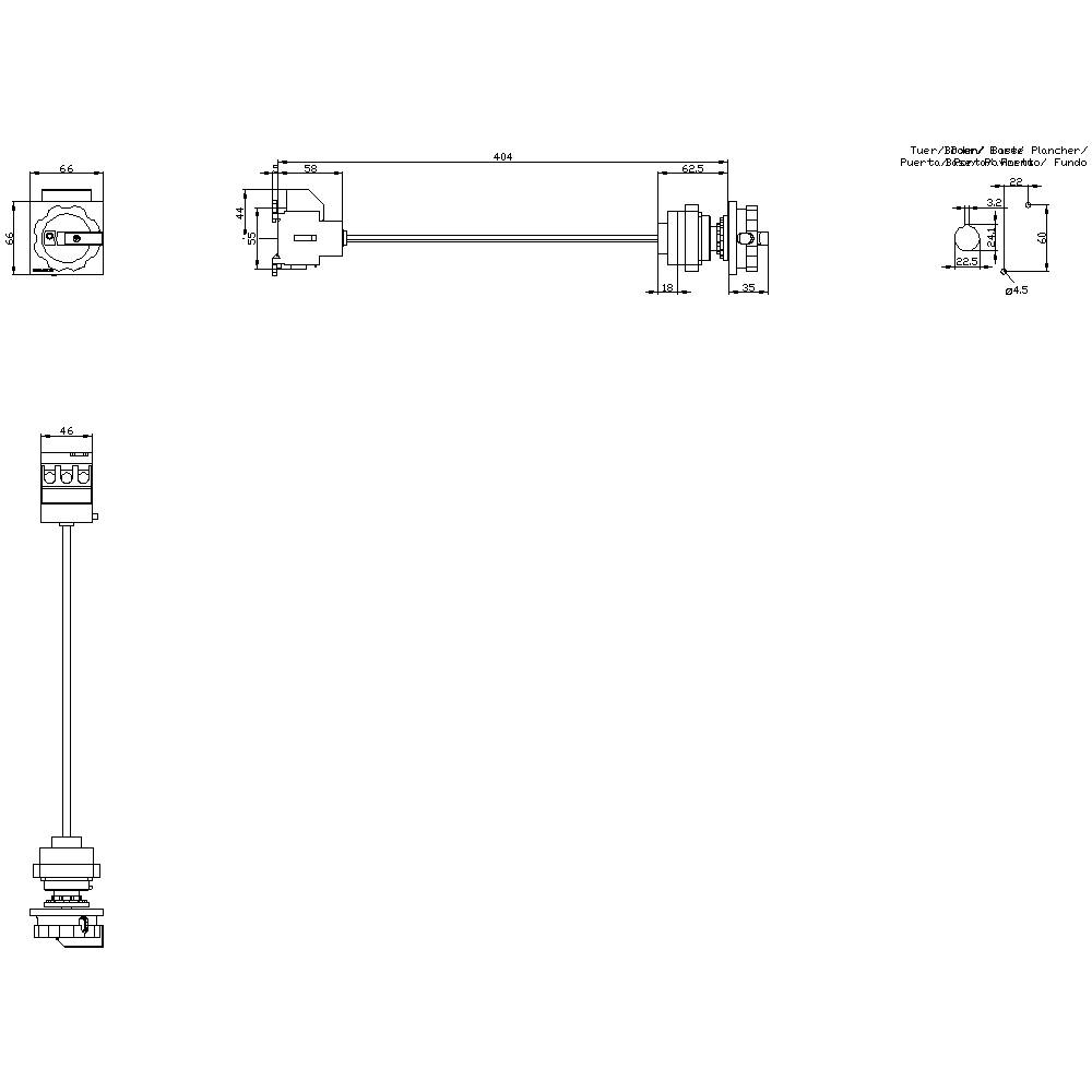 Technische Zeichnung einer mechanischen Komponente mit Maßen. Oben links Draufsicht, rechts oben Seitenansicht, Details markiert.