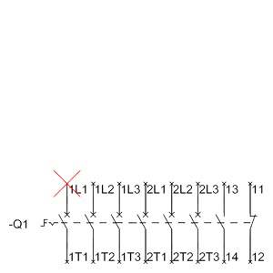 Schaltplan eines elektrischen Schaltkreises mit Elementen L, T und Q. Ein Bereich ist mit einem roten X markiert, was auf eine Fehlfunktion hinweist.