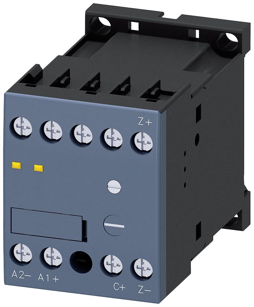 Ein schwarzer, rechteckiger elektrischer Schütz mit blauer Frontplatte, mehreren Schraubanschlüssen und zwei gelben Leuchtdioden.